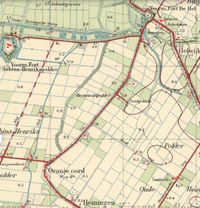 Afb. 36. Uitsnede topografische kaart 1944: Heijningen –fort Oranje – Kraaiendijk – fort Sabina – fort de Hel – Westdijk